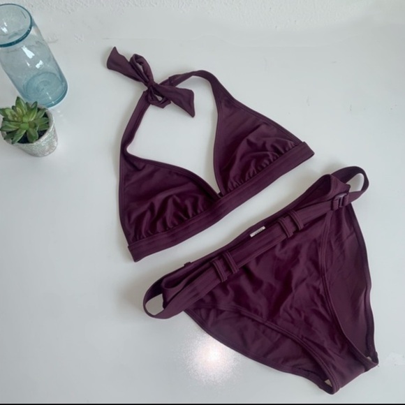 Purple burgundy bikini 2‎ piece faux belt on bottoms imported size small - Picture 1 of 13